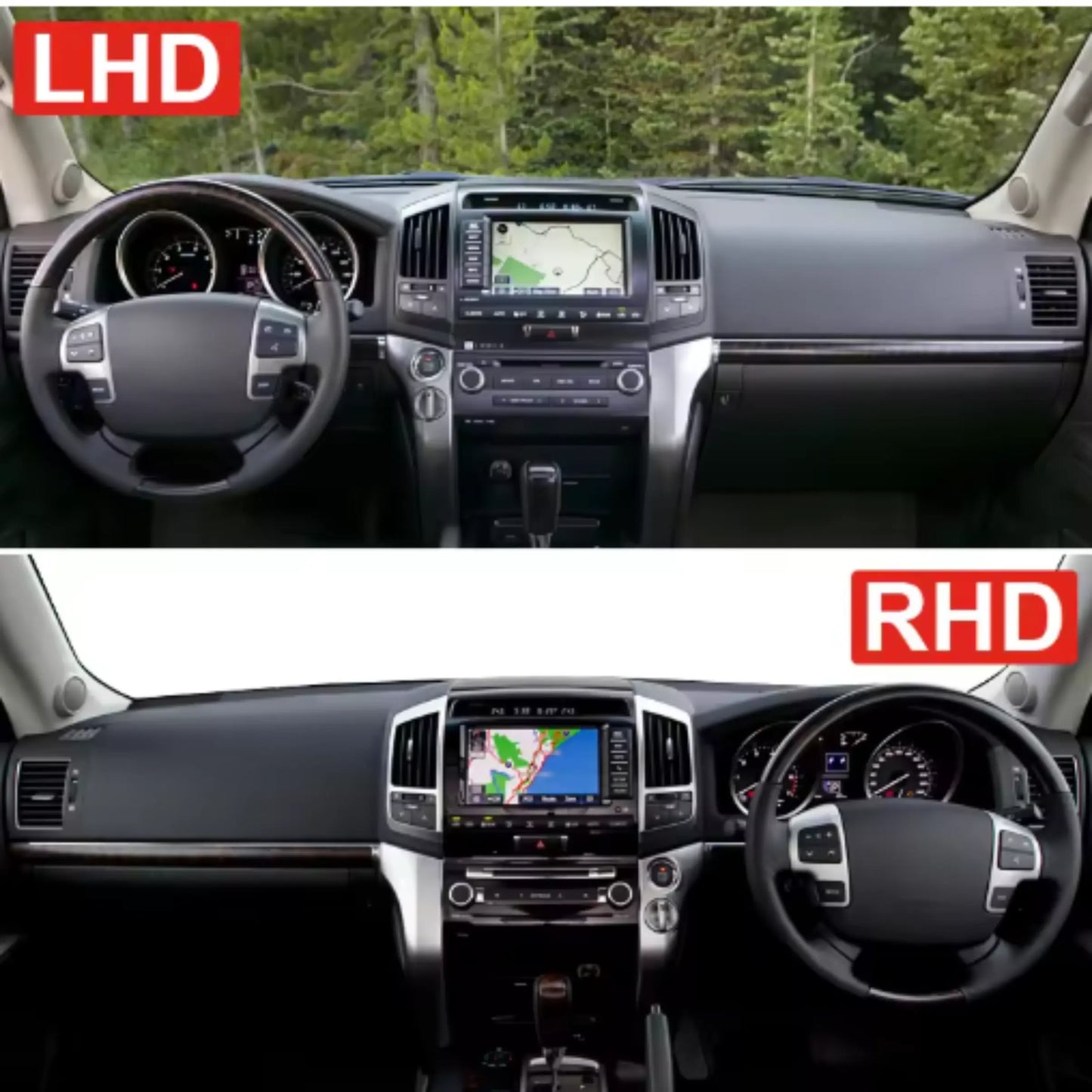 Side-by-side comparison of Left-Hand Drive (LHD) and Right-Hand Drive (RHD) Toyota Land Cruiser dashboards, showing steering wheel positions and interior layouts.