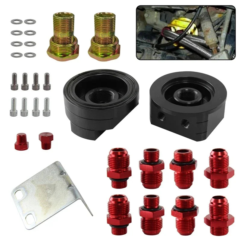 Universal AN10 & AN8 M20*1.5 & 3/4"-16 UNF Oil Filter Cooler Relocation Sandwich Plate Adapter Black/Red Tuck's Performance