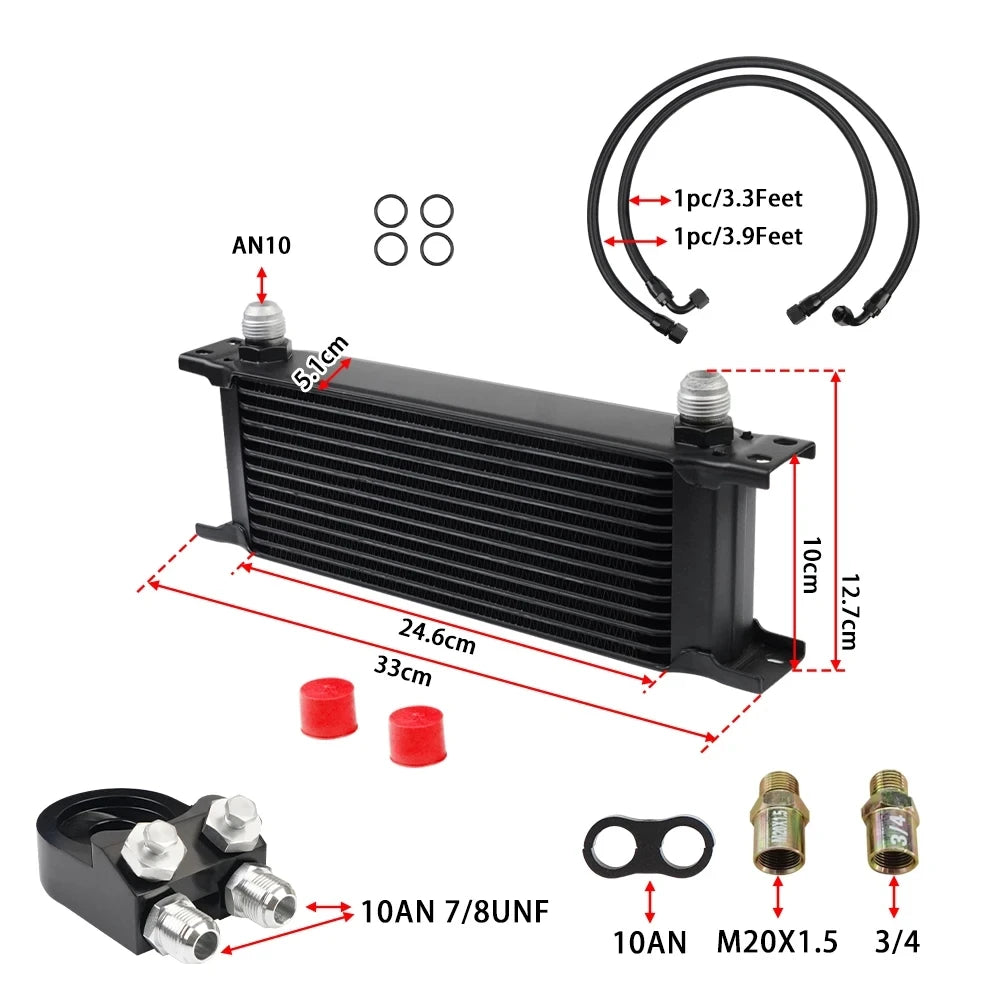 Universal 13 Rows Oil Cooler Kit, 10AN Transmission Engine Cooler W/Oil Filter Sandwich Adapter Nylon Braided Hose Line Kit Tuck's Performance