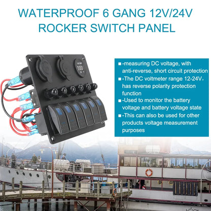 12V 24V 6 Buttons Car Switch Panel 15A Fuse Marine Circuit Breaker Voltmeter Tester Light Toggle USB Chargers 3.0 Auto Splitter Tuck's Performance