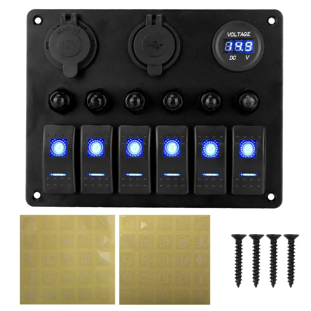 12V 24V 6 Buttons Car Switch Panel 15A Fuse Marine Circuit Breaker Voltmeter Tester Light Toggle USB Chargers 3.0 Auto Splitter Tuck's Performance