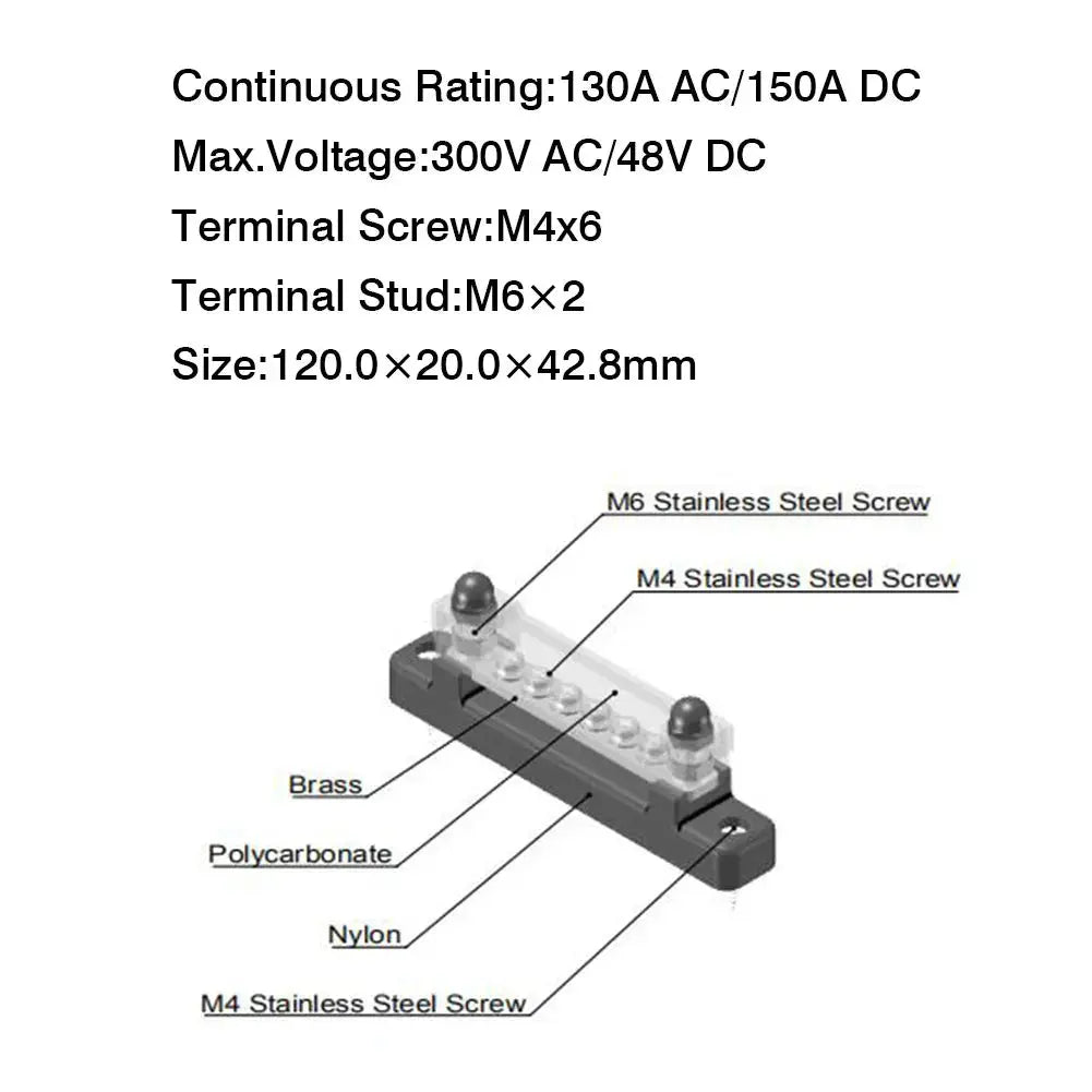 12V / 24V Universal 6-Way Battery Bus Bar – Power Distribution Block with Clear Cover (150A) Tuck's Performance