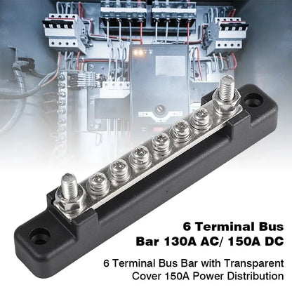 12V / 24V Universal 6-Way Battery Bus Bar – Power Distribution Block with Clear Cover (150A) Tuck's Performance