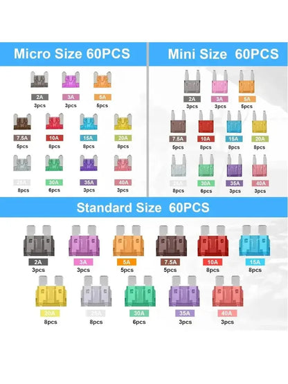 180pc Automotive Fuse Kit – Standard, Mini & Micro Blade Fuses with Puller (12V / 24V) Tuck's Performance