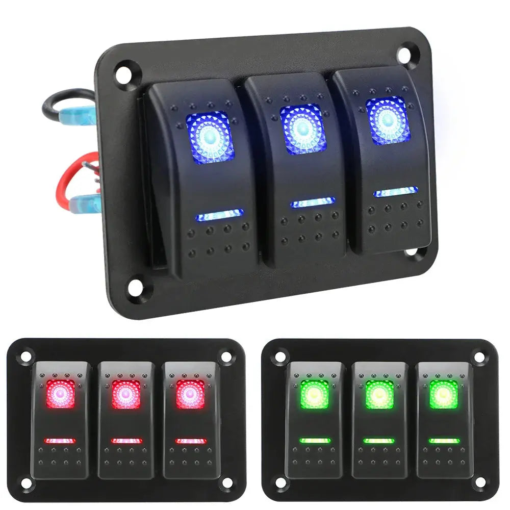3 gang rocker switch panel with overload protection