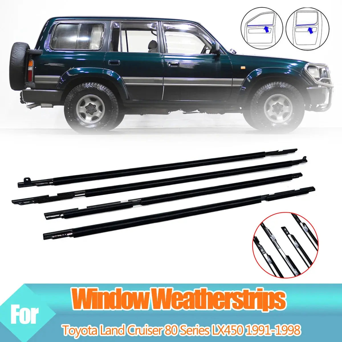 4PCS Outer Windows Rubber Weatherstrip Door Sealing Belt Moulding Trim for Toyota Land Cruiser LC80 80 Series LX450 1991-1998