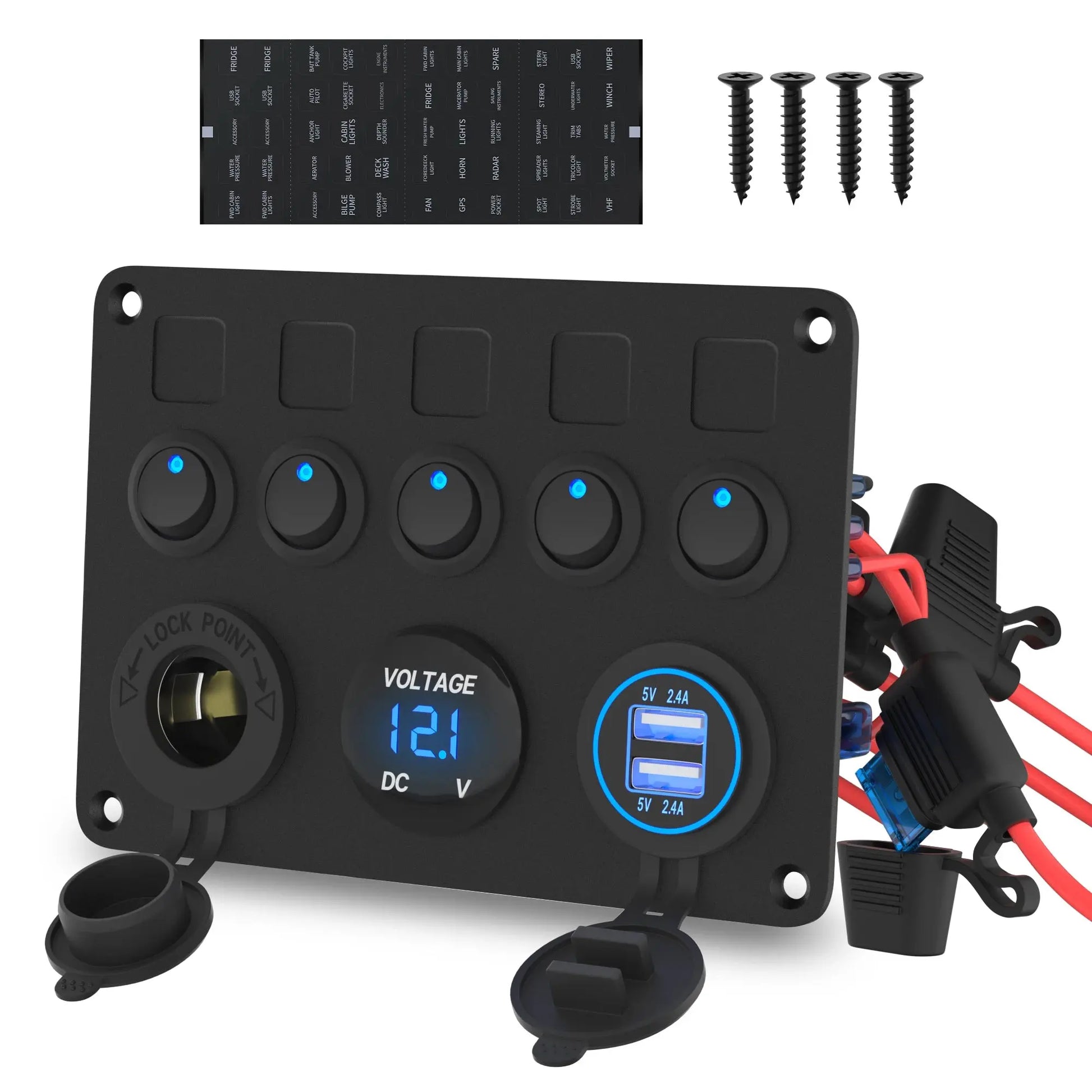 5 gang boat switch panel with voltmeter and dual USB