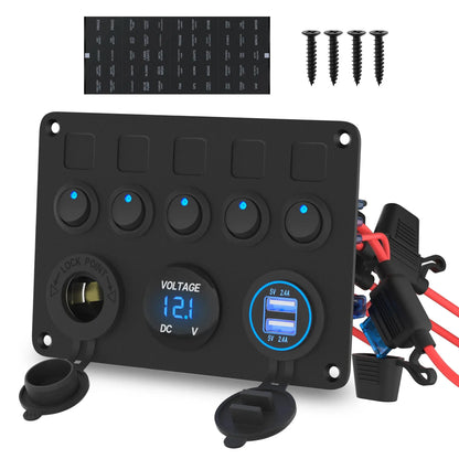 5 gang boat switch panel with voltmeter and dual USB
