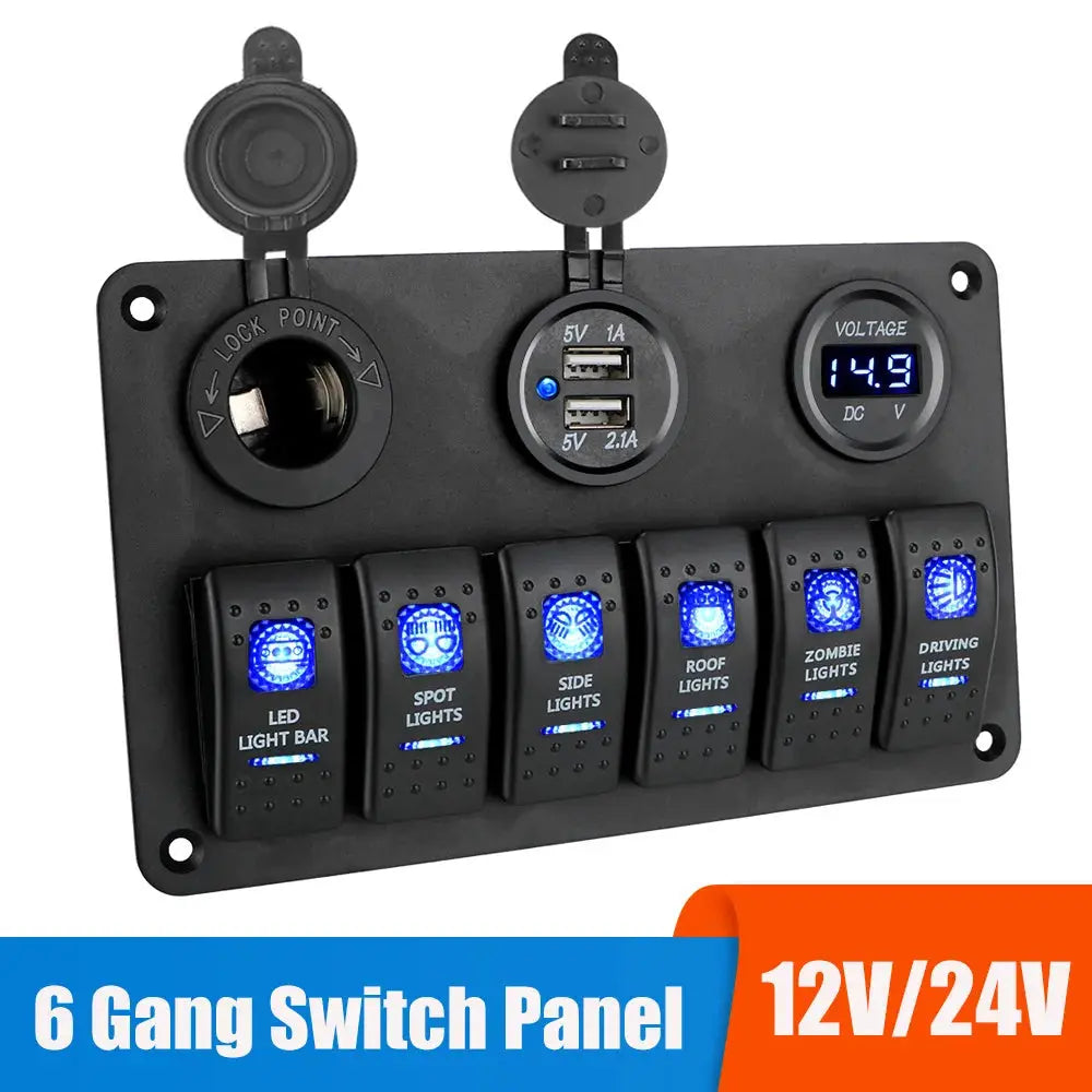6-Gang Rocker Switch Panel with USB, Voltage Display & Lighter Port – 12V/24V Tuck's Performance