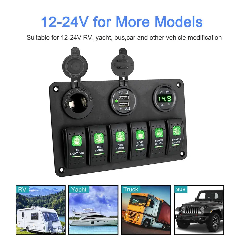 6-Gang Rocker Switch Panel with USB, Voltage Display & Lighter Port – 12V/24V Tuck's Performance