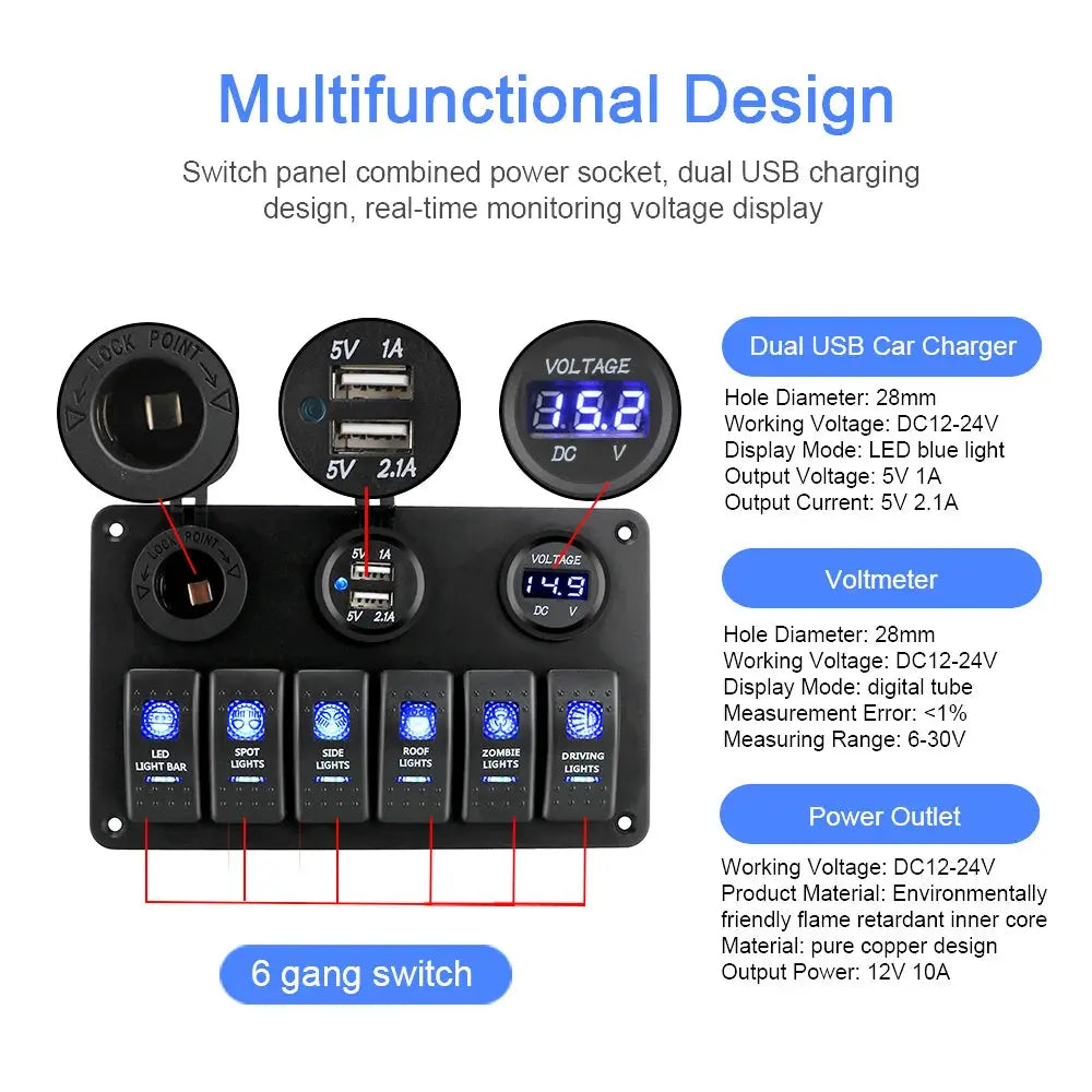 6-Gang Rocker Switch Panel with USB, Voltage Display & Lighter Port – 12V/24V Tuck's Performance