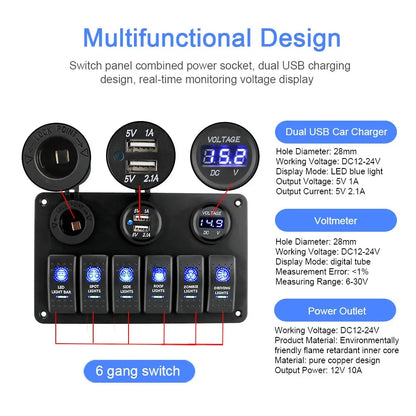 6-Gang Rocker Switch Panel with USB, Voltage Display & Lighter Port – 12V/24V Tuck's Performance