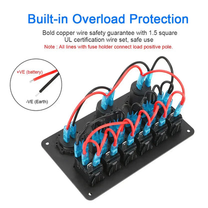 6-Gang Rocker Switch Panel with USB, Voltage Display & Lighter Port – 12V/24V Tuck's Performance