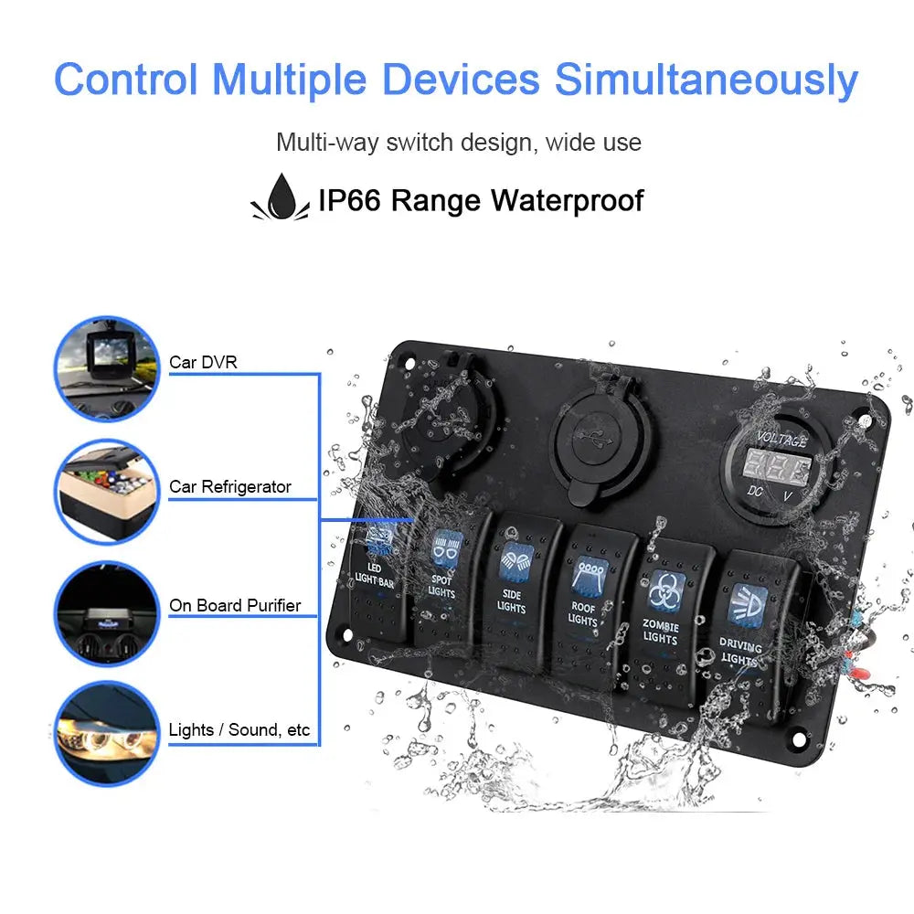6-Gang Rocker Switch Panel with USB, Voltage Display & Lighter Port – 12V/24V Tuck's Performance