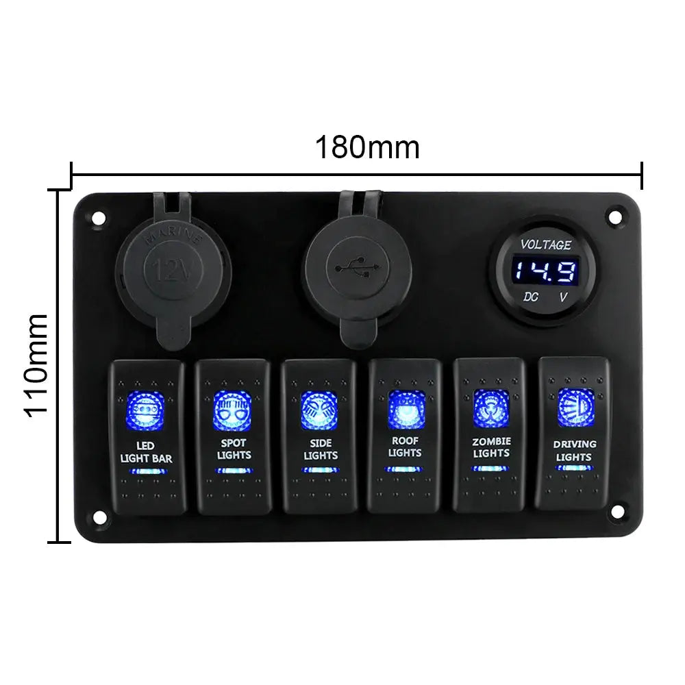 6-Gang Rocker Switch Panel with USB, Voltage Display & Lighter Port – 12V/24V Tuck's Performance