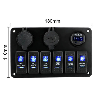 6-Gang Rocker Switch Panel with USB, Voltage Display & Lighter Port – 12V/24V Tuck's Performance