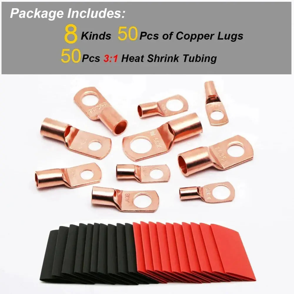 Copper Ring Terminal Kit (100pc) – 50x Battery Cable Lugs + 50x Heat Shrink – AWG 4/6/8/10/12 Tuck's Performance