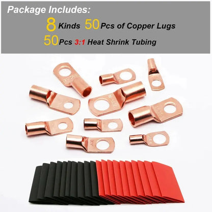 Copper Ring Terminal Kit (100pc) – 50x Battery Cable Lugs + 50x Heat Shrink – AWG 4/6/8/10/12 Tuck's Performance