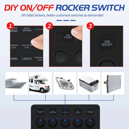 DaierTek 5 Gang Boat Switch Panel Car Switch Panel Button Toggle Switch Digital Voltmeter 4.8A Dual USB Port 12V For Car Truck Tuck's Performance