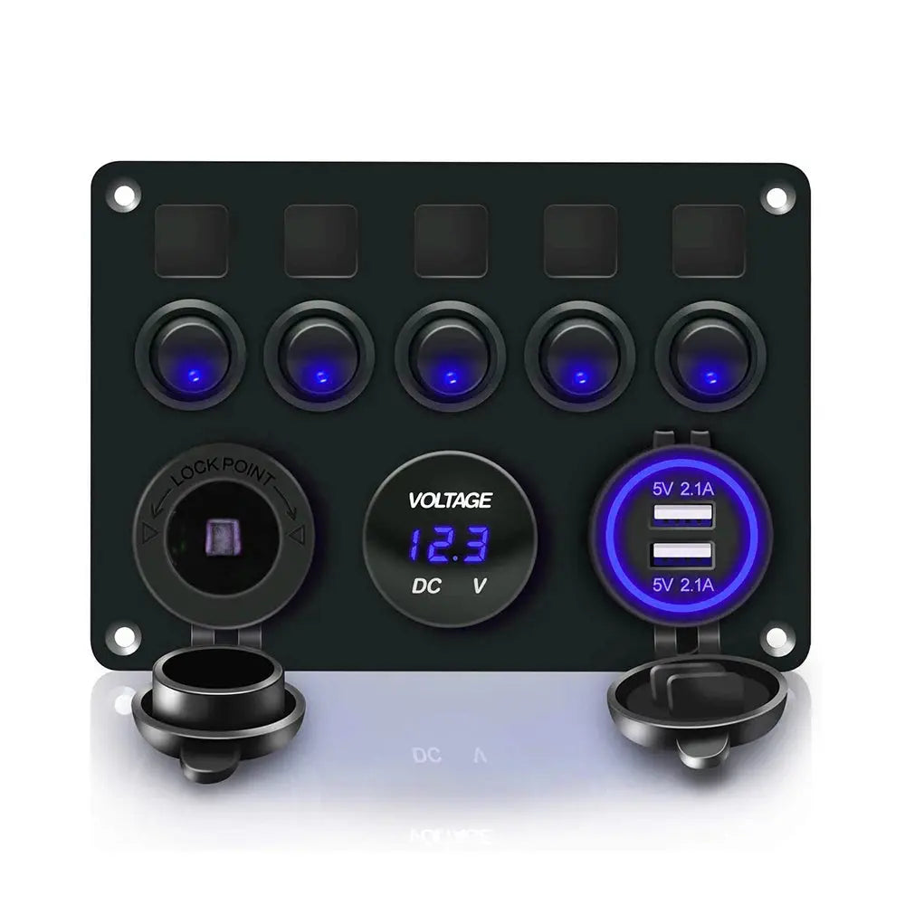 DaierTek 5 Gang Boat Switch Panel Car Switch Panel Button Toggle Switch Digital Voltmeter 4.8A Dual USB Port 12V For Car Truck Tuck's Performance