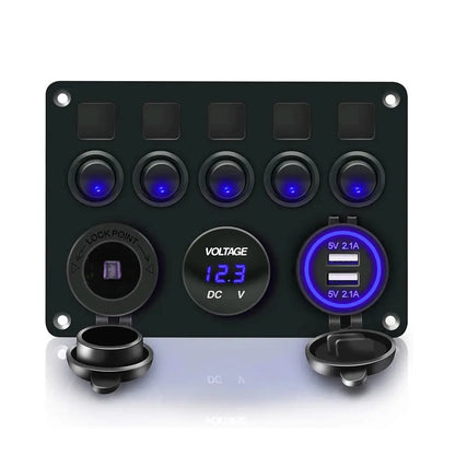 DaierTek 5 Gang Boat Switch Panel Car Switch Panel Button Toggle Switch Digital Voltmeter 4.8A Dual USB Port 12V For Car Truck Tuck's Performance