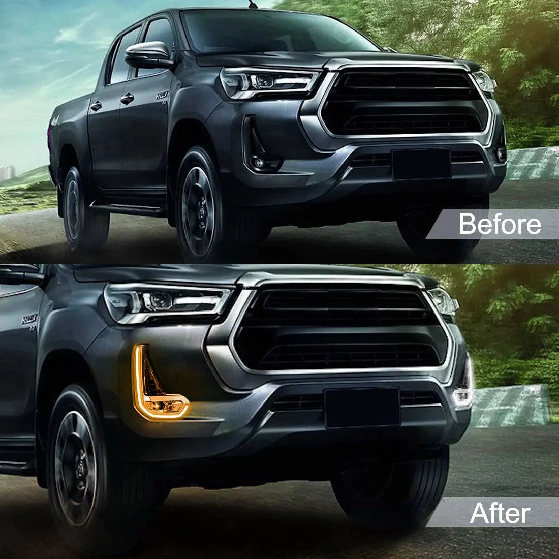 For Toyota Hilux Revo 2020 2021 Led DRL Fog Lamp Daytime Running Light Day Bumper Driving Waterproof Turn Signal Wires Switch Tuck's Performance