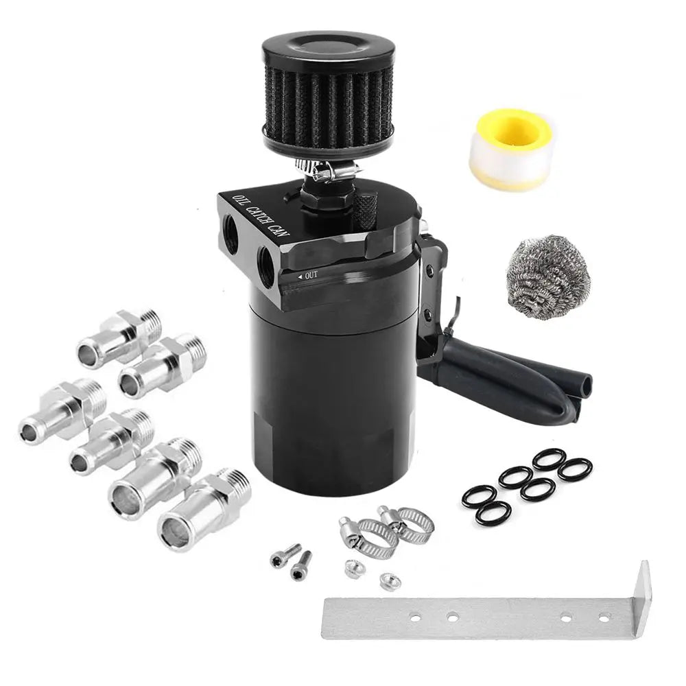 Car Baffled Oil Catch Can Reservoir Tank with Air Filter Breather Baffled Aluminum Fittings Oil Dipstick Hole Breathable Kettle Tuck's Performance