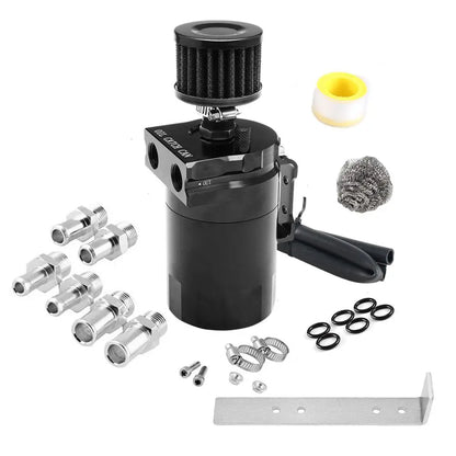 Car Baffled Oil Catch Can Reservoir Tank with Air Filter Breather Baffled Aluminum Fittings Oil Dipstick Hole Breathable Kettle Tuck's Performance