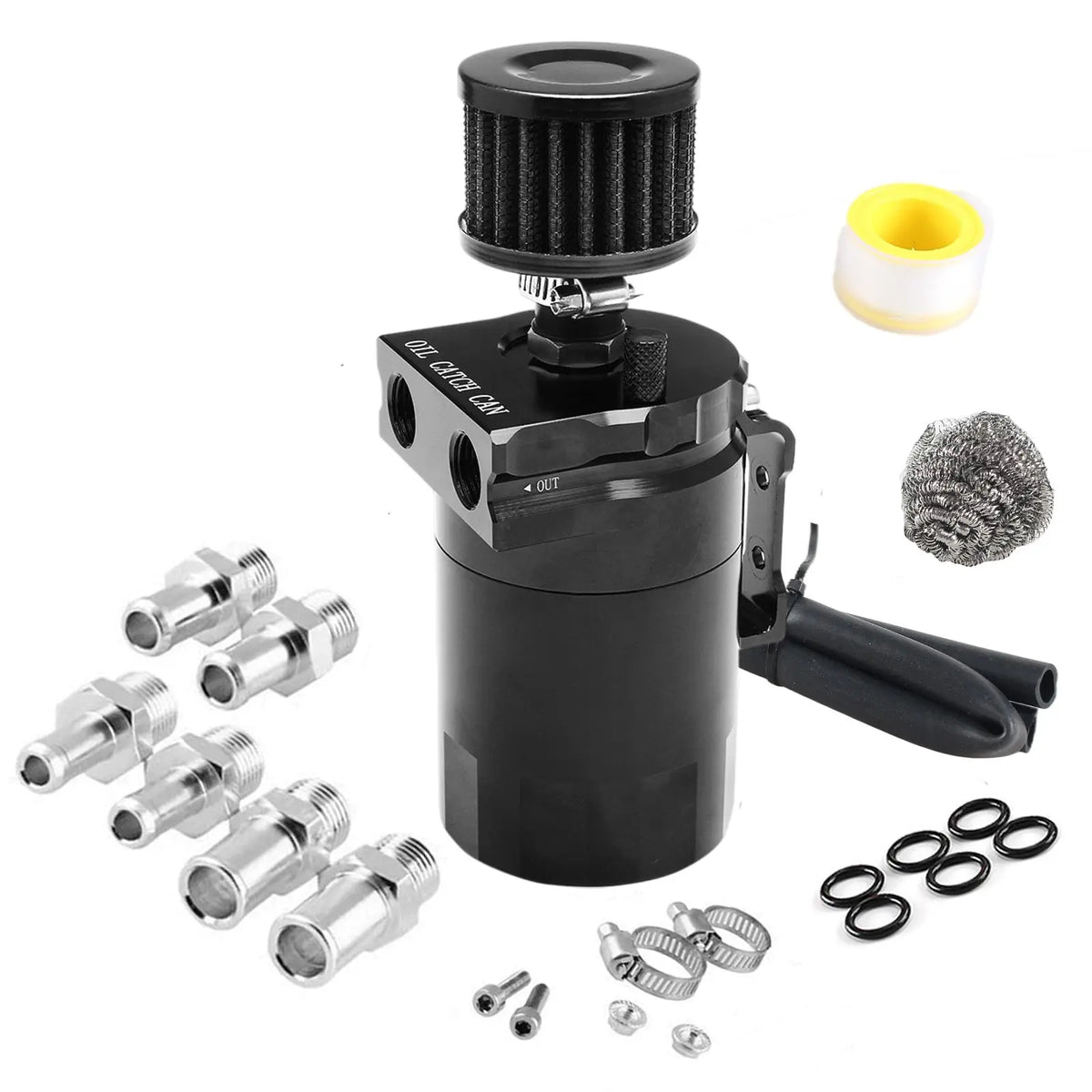 Car Baffled Oil Catch Can Reservoir Tank with Air Filter Breather Baffled Aluminum Fittings Oil Dipstick Hole Breathable Kettle Tuck's Performance