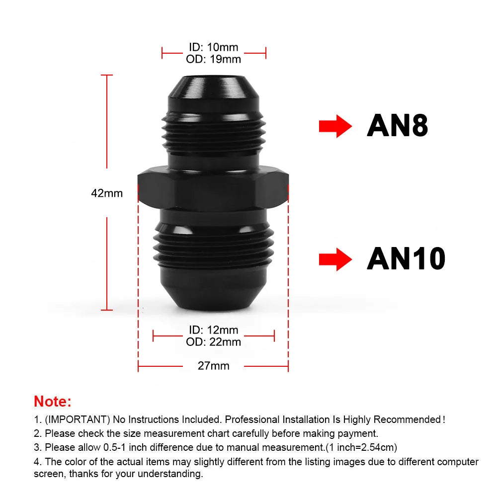 AN Male to Male Reducer Union AN4 to AN10, Step Up Flare Coupler, plus AN10 90 Degree Tucks Performance