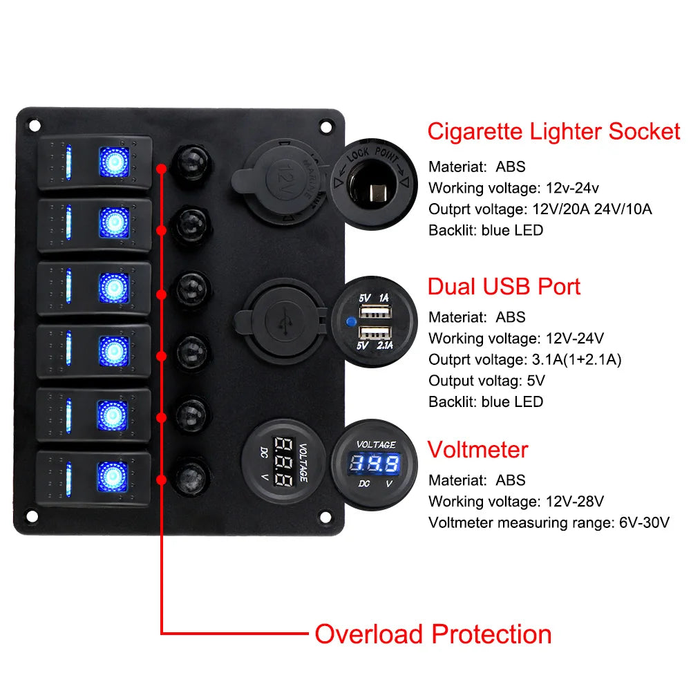 12V 24V 6 Buttons Car Switch Panel 15A Fuse Marine Circuit Breaker Voltmeter Tester Light Toggle USB Chargers 3.0 Auto Splitter Tuck's Performance