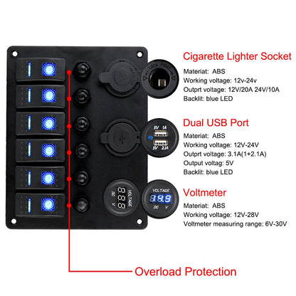 12V 24V 6 Buttons Car Switch Panel 15A Fuse Marine Circuit Breaker Voltmeter Tester Light Toggle USB Chargers 3.0 Auto Splitter Tuck's Performance