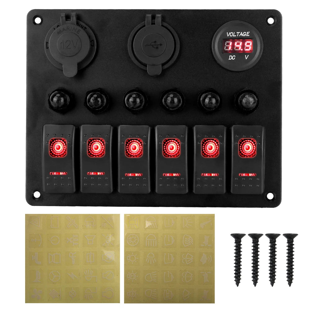 12V 24V 6 Buttons Car Switch Panel 15A Fuse Marine Circuit Breaker Voltmeter Tester Light Toggle USB Chargers 3.0 Auto Splitter Tuck's Performance