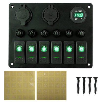 12V 24V 6 Buttons Car Switch Panel 15A Fuse Marine Circuit Breaker Voltmeter Tester Light Toggle USB Chargers 3.0 Auto Splitter Tuck's Performance