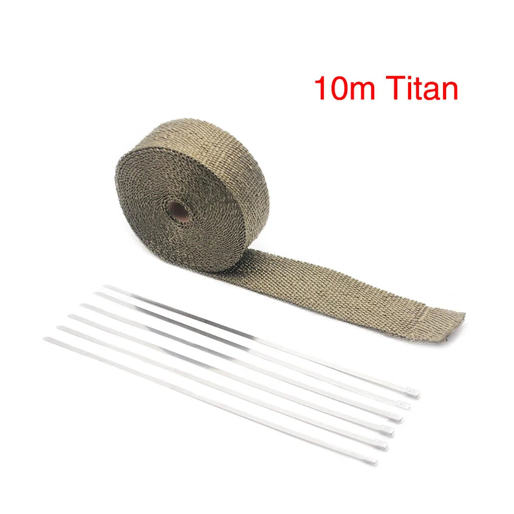 ZSDTRP 5cm*5M 10M 15M Titanium/Black Exhaust Heat Wrap Roll for Motorcycle Fiberglass Heat Shield Tape with Stainless Ties Tuck's Performance
