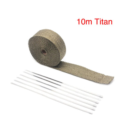 ZSDTRP 5cm*5M 10M 15M Titanium/Black Exhaust Heat Wrap Roll for Motorcycle Fiberglass Heat Shield Tape with Stainless Ties Tuck's Performance