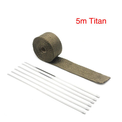 ZSDTRP 5cm*5M 10M 15M Titanium/Black Exhaust Heat Wrap Roll for Motorcycle Fiberglass Heat Shield Tape with Stainless Ties Tuck's Performance