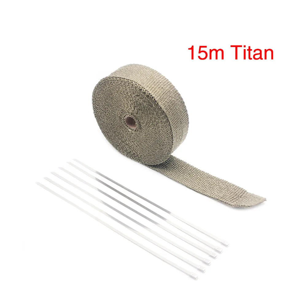 ZSDTRP 5cm*5M 10M 15M Titanium/Black Exhaust Heat Wrap Roll for Motorcycle Fiberglass Heat Shield Tape with Stainless Ties Tuck's Performance