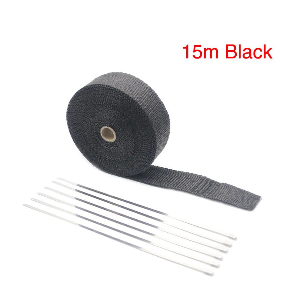 ZSDTRP 5cm*5M 10M 15M Titanium/Black Exhaust Heat Wrap Roll for Motorcycle Fiberglass Heat Shield Tape with Stainless Ties Tuck's Performance
