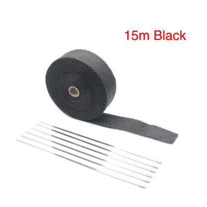 ZSDTRP 5cm*5M 10M 15M Titanium/Black Exhaust Heat Wrap Roll for Motorcycle Fiberglass Heat Shield Tape with Stainless Ties Tuck's Performance