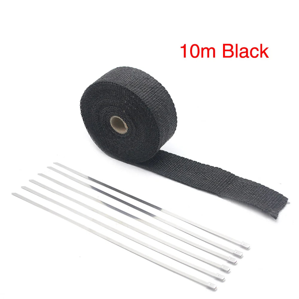 ZSDTRP 5cm*5M 10M 15M Titanium/Black Exhaust Heat Wrap Roll for Motorcycle Fiberglass Heat Shield Tape with Stainless Ties Tuck's Performance