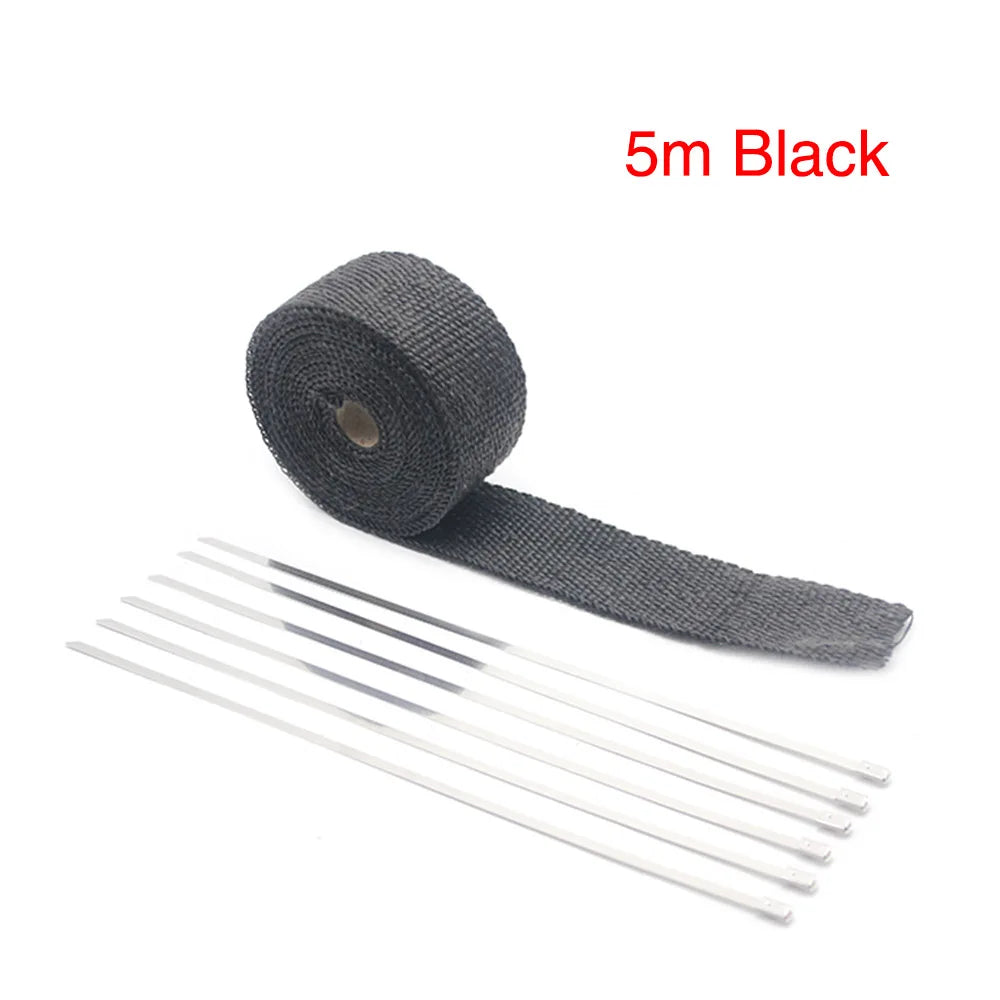 ZSDTRP 5cm*5M 10M 15M Titanium/Black Exhaust Heat Wrap Roll for Motorcycle Fiberglass Heat Shield Tape with Stainless Ties Tuck's Performance