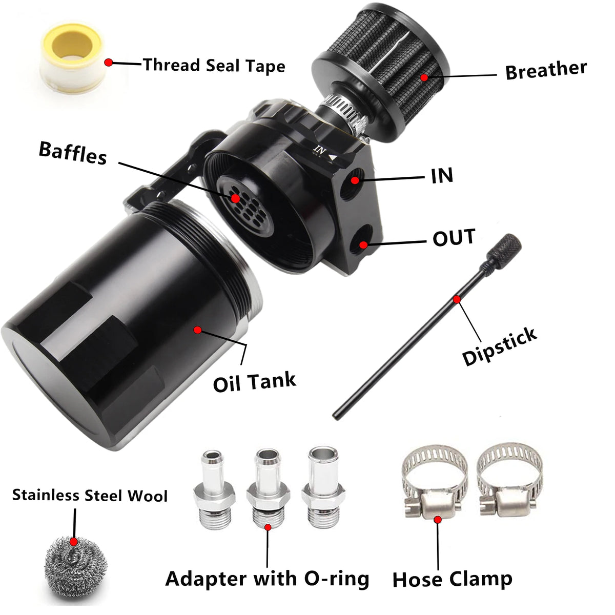 Car Baffled Oil Catch Can Reservoir Tank with Air Filter Breather Baffled Aluminum Fittings Oil Dipstick Hole Breathable Kettle Tuck's Performance