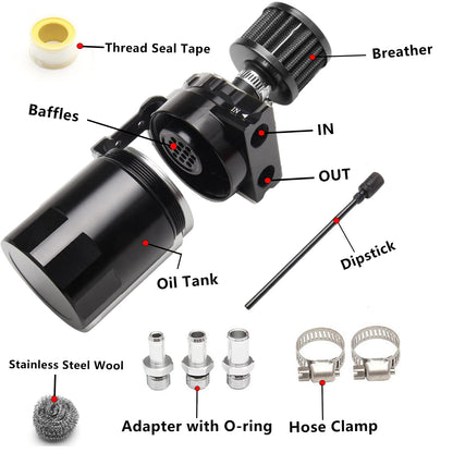 Car Baffled Oil Catch Can Reservoir Tank with Air Filter Breather Baffled Aluminum Fittings Oil Dipstick Hole Breathable Kettle Tuck's Performance