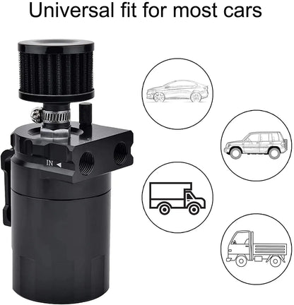Car Baffled Oil Catch Can Reservoir Tank with Air Filter Breather Baffled Aluminum Fittings Oil Dipstick Hole Breathable Kettle Tuck's Performance