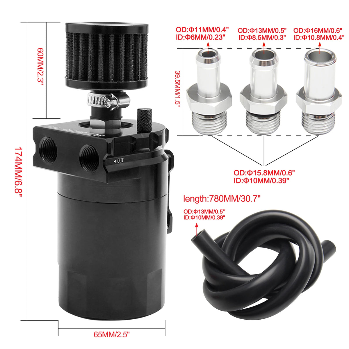 Car Baffled Oil Catch Can Reservoir Tank with Air Filter Breather Baffled Aluminum Fittings Oil Dipstick Hole Breathable Kettle Tuck's Performance