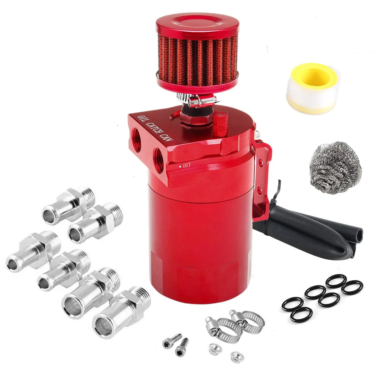 Car Baffled Oil Catch Can Reservoir Tank with Air Filter Breather Baffled Aluminum Fittings Oil Dipstick Hole Breathable Kettle Tuck's Performance