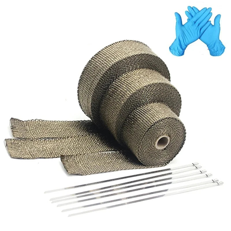 ZSDTRP 5cm*5M 10M 15M Titanium/Black Exhaust Heat Wrap Roll for Motorcycle Fiberglass Heat Shield Tape with Stainless Ties Tuck's Performance