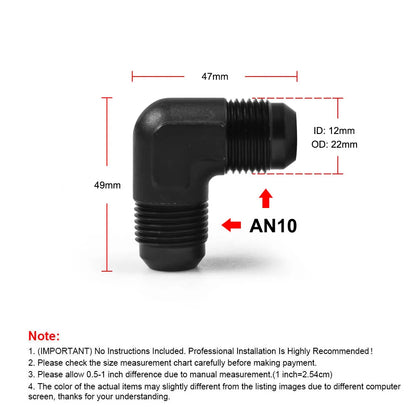 AN Male to Male Reducer Union AN4 to AN10, Step Up Flare Coupler, plus AN10 90 Degree Tucks Performance
