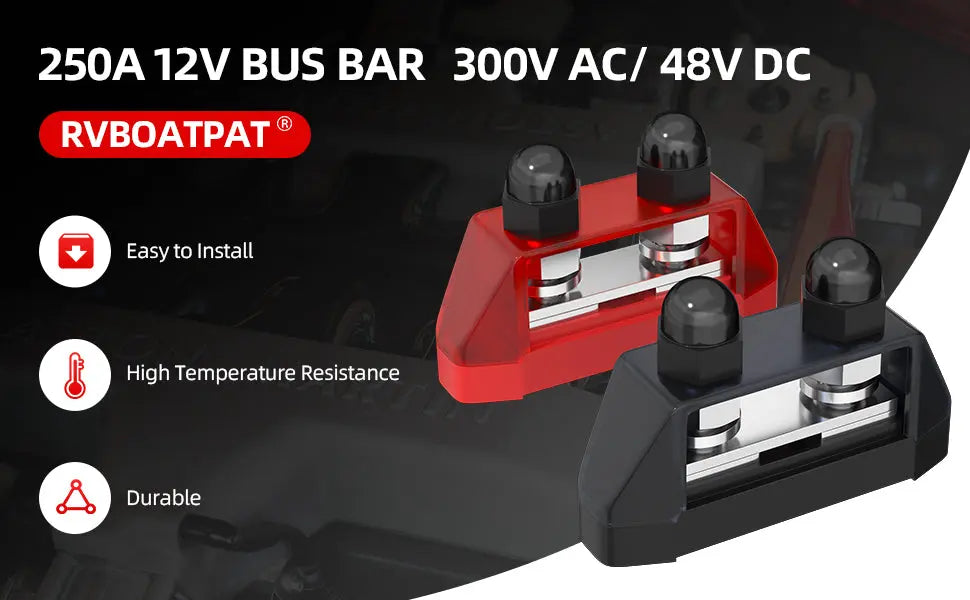 Heavy Duty 12V / 24V Battery Bus Bar Power Distribution Block – 250A (Dual Stud, Positive & Negative) Tuck's Performance